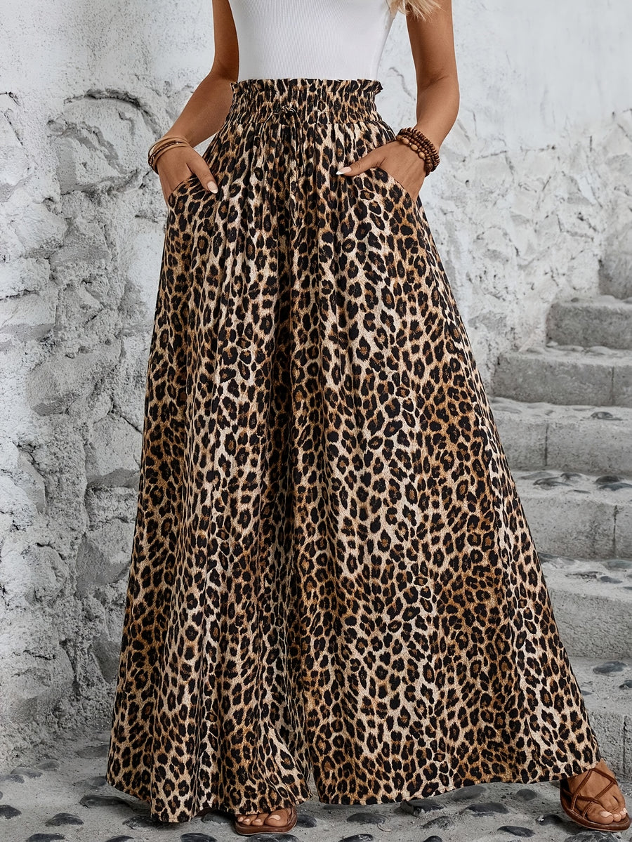 Vacation-style Leopard Print Wide-Leg Pants, Elastic Waist with Drawstring, Flared Casual Trousers with Pockets, Loose Fit Floor-Length Pants, European and American Style Outfit, Summer Solstice - Mixed colors