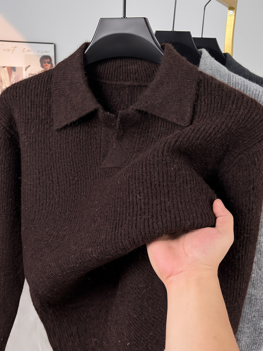 Men'S Polo Neck Knit Sweater Autumn Winter Thick Ribbed Placket Pullover Casual Solid Color Knit Top - Coffee Color