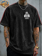 WB Warner Bros. Official License, American Hardcore Sports Hand-Drawn, Muscular Big Mouth Monster Street Fitness Style Atmospheric Outfit T-Shirt, Men'S Loose Retro Street Casual Short Sleeve Top - Black