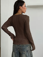 Women'S Spring/Summer Elegant Casual Ribbed V-Neck Long-Sleeved Slim Top - Coffee Color