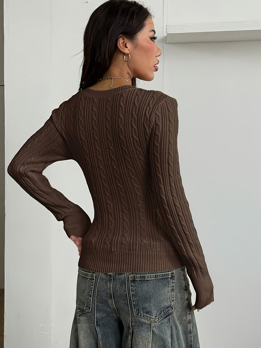 Women'S Spring/Summer Elegant Casual Ribbed V-Neck Long-Sleeved Slim Top - Coffee Color