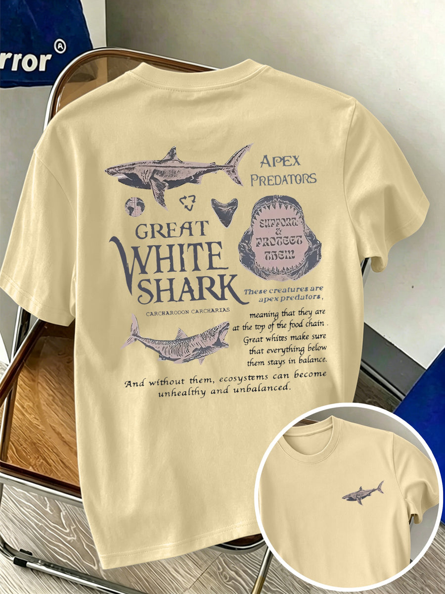 New Men's 100% Pure Cotton T-Shirt with Shark Print, Comfortable and Breathable, Versatile for Summer Casual Wear - Apricot