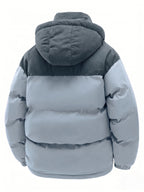 Men's Thickened Winter Jacket - Warm Windproof Hooded Outerwear, Polyester Fiber Filling Suitable for Cold Weather, Outdoor Activities - for Teens and Adults, Seasonal Layering, Casual Outerwear, Comfortable and Warm - Sky Blue