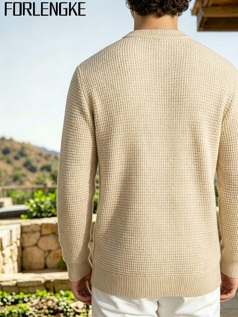 FORLENGKE Autumn/Winter New Arrival Men's American Manor Vintage Style Henley Neck Knit Sweater, Vertical Cable Waffle Knit Patchwork Texture, Regular Shoulder Fitted Cut, Autumn/Winter Manor Vacation Countryside Stroll Coffee Break Daily Streetwear - Flower Yellow