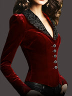 Solid Color Autumn Velvet Embroidery Lapel Victorian Style Party Slim Fit Suit Jacket-Zllz - Burgundy