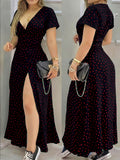 2026 Summer New Bohemian V-Neck Polka Dot Dress Women'S Short-Sleeved Waist-Cinching Slit Vacation Party Outing Long Dress, Casual Elegant Chic Fashion Ladies Dress - Mixed colors