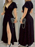 2026 Summer New Bohemian V-Neck Polka Dot Dress Women'S Short-Sleeved Waist-Cinching Slit Vacation Party Outing Long Dress, Casual Elegant Chic Fashion Ladies Dress - Mixed colors