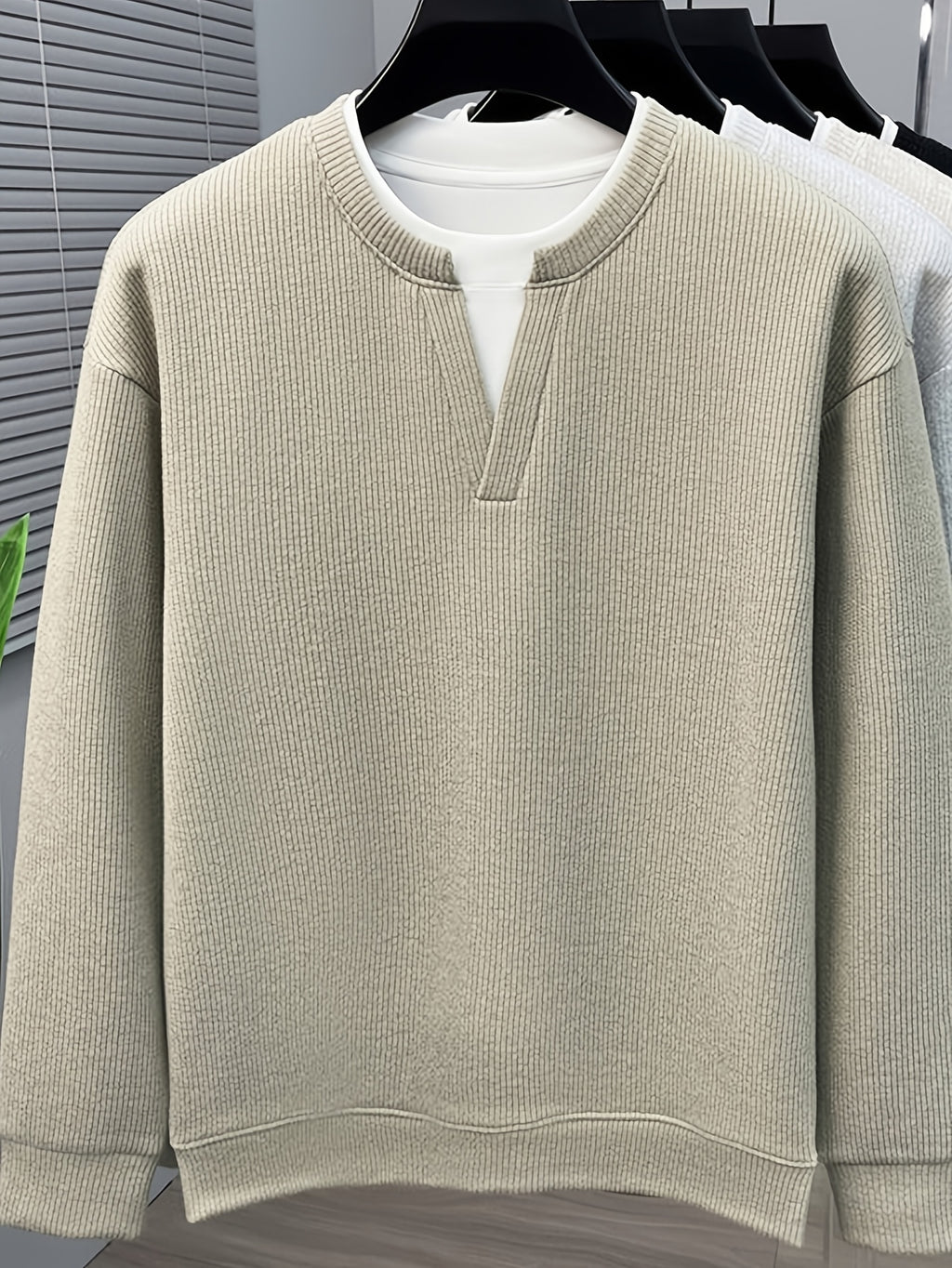 Men's Vertical Stripe V-Neck 2-in-1 Look Long-Sleeve Pullover Top, Regular Shoulder Long Sleeves, Ribbed Cuffs and Hem, Can Be Worn Alone or as a Layering Piece - SINBOS - Bean Green