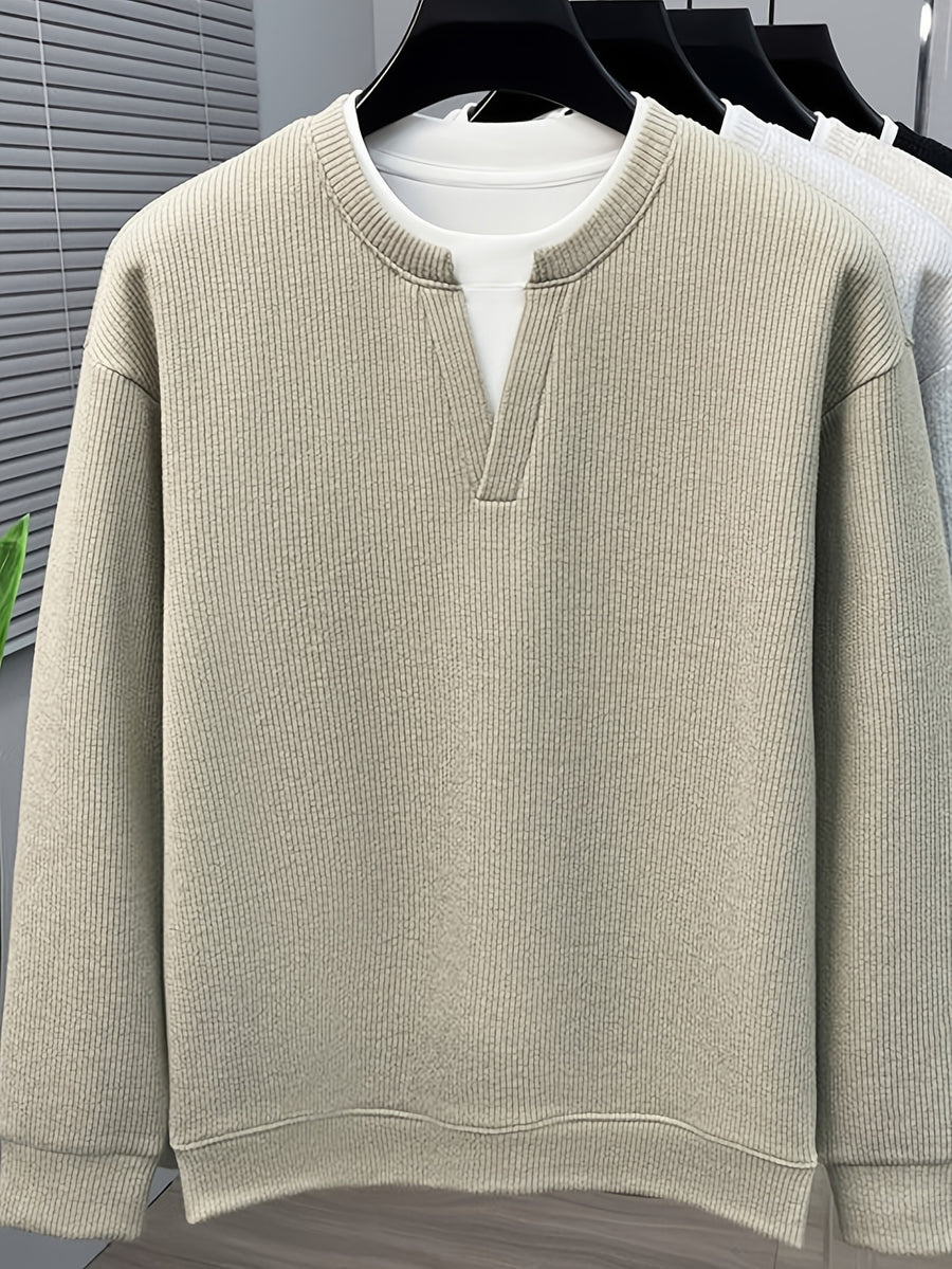 Men's Vertical Stripe V-Neck 2-in-1 Look Long-Sleeve Pullover Top, Regular Shoulder Long Sleeves, Ribbed Cuffs and Hem, Can Be Worn Alone or as a Layering Piece - SINBOS - Bean Green