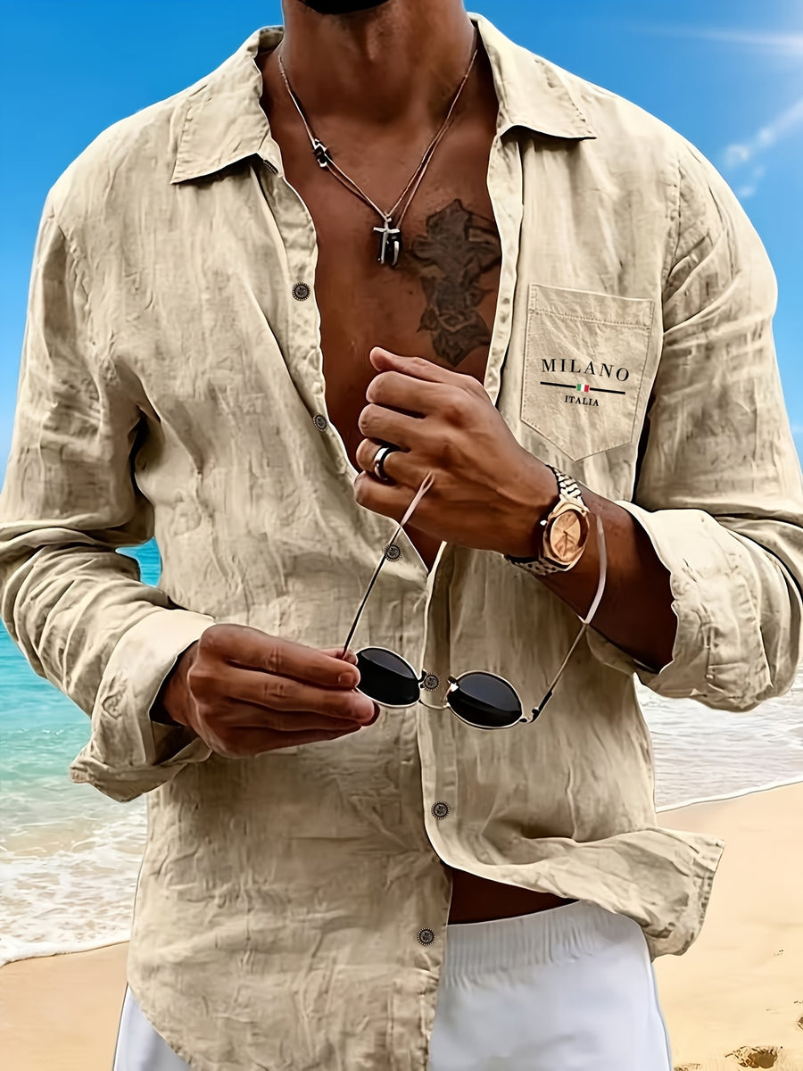 Men's Henley Shirt in Linen with Long Sleeves, Featuring Comfortable and Breathable Fabric with Trendy Printed Designs. Suitable for Daily Outings, Outdoor Sports, Travel, and Vacations. Lightweight and Breathable with a Regular Fit, Chest Pocket - Khaki