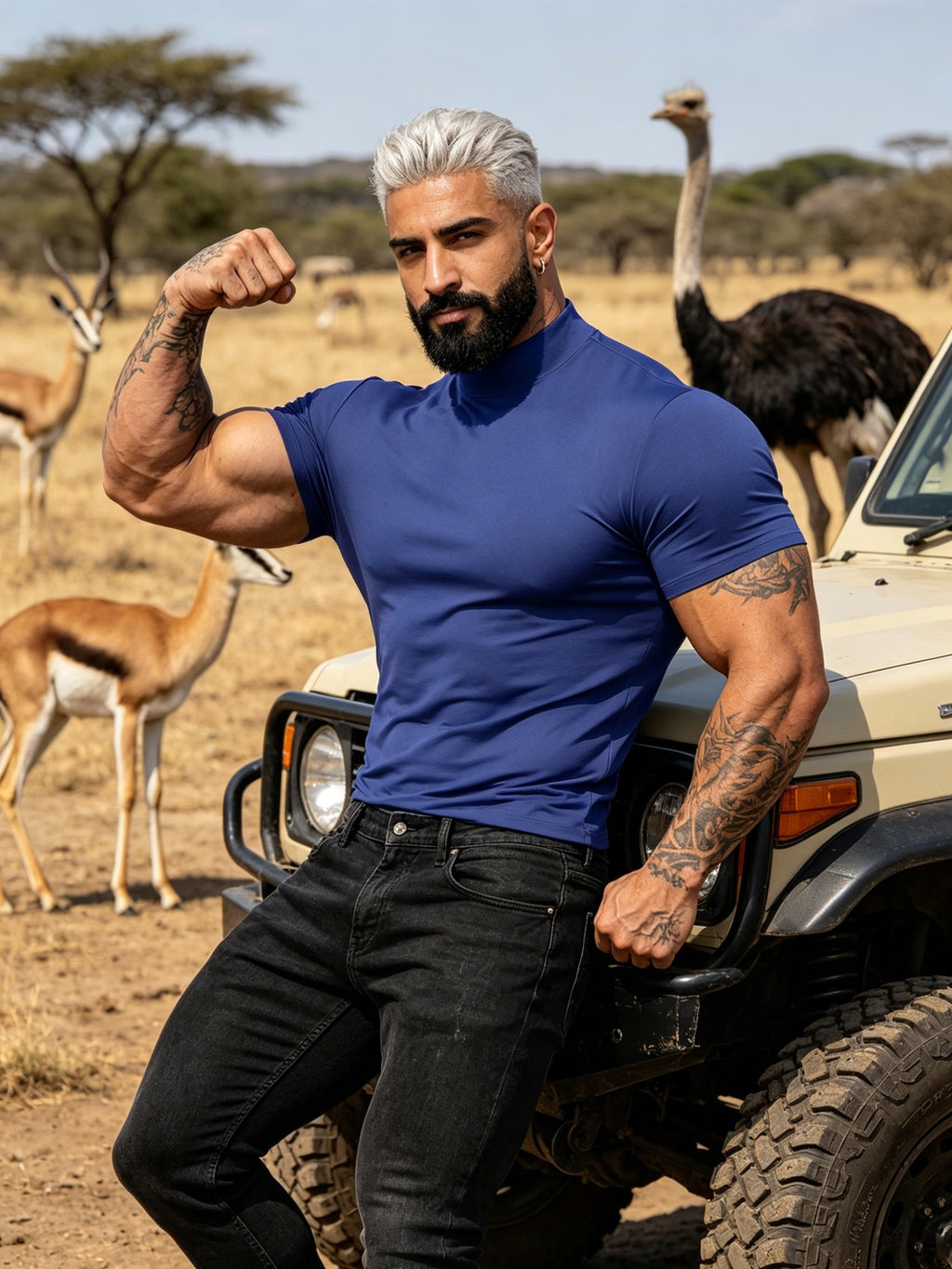 Summer Breathable Solid Color Half-Neck Short Sleeve 2pcs Set Men'S Shaping Slimming High-Elastic Fabric Light Luxury Fashion Fitness Sports Daily Wear Easy Premium Feel Versatile Base Top - Blue