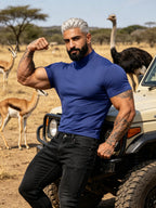 Summer Breathable Solid Color Half-Neck Short Sleeve 2pcs Set Men'S Shaping Slimming High-Elastic Fabric Light Luxury Fashion Fitness Sports Daily Wear Easy Premium Feel Versatile Base Top - Blue