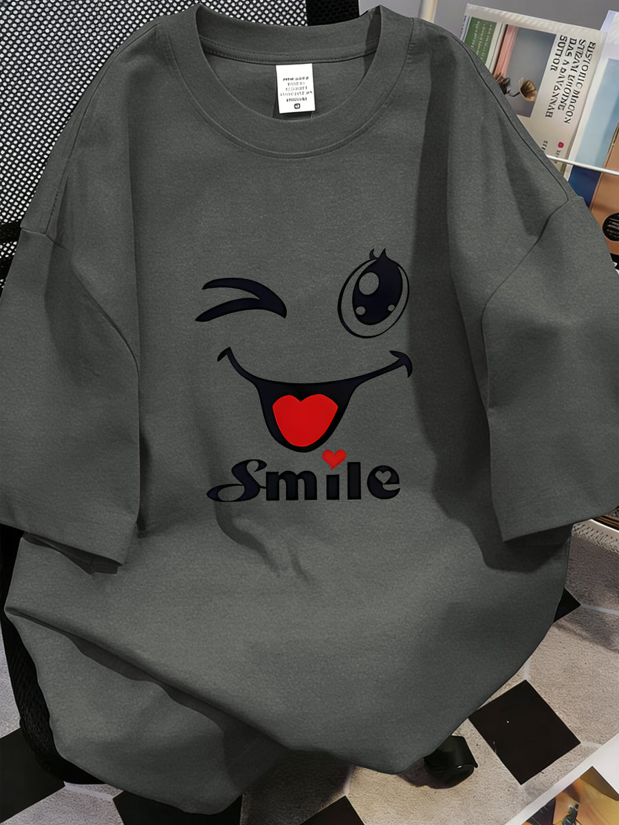 Women' Oversized Soft T-Shirt with Smile Winking Face & Letter Print - Loose Fit Short Sleeve Top, Age-Reducing Casual Blouse Suitable for Spring Summer Fall, Machine Washable Non- Wardrobe Essential - Black Gray