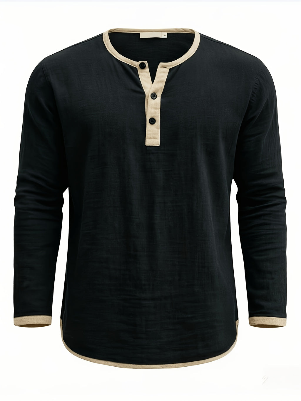 Men'S Retro Color Block Casual Henley Crewneck T-Shirt in Linen, Vintage T-Shirt for Men - Black