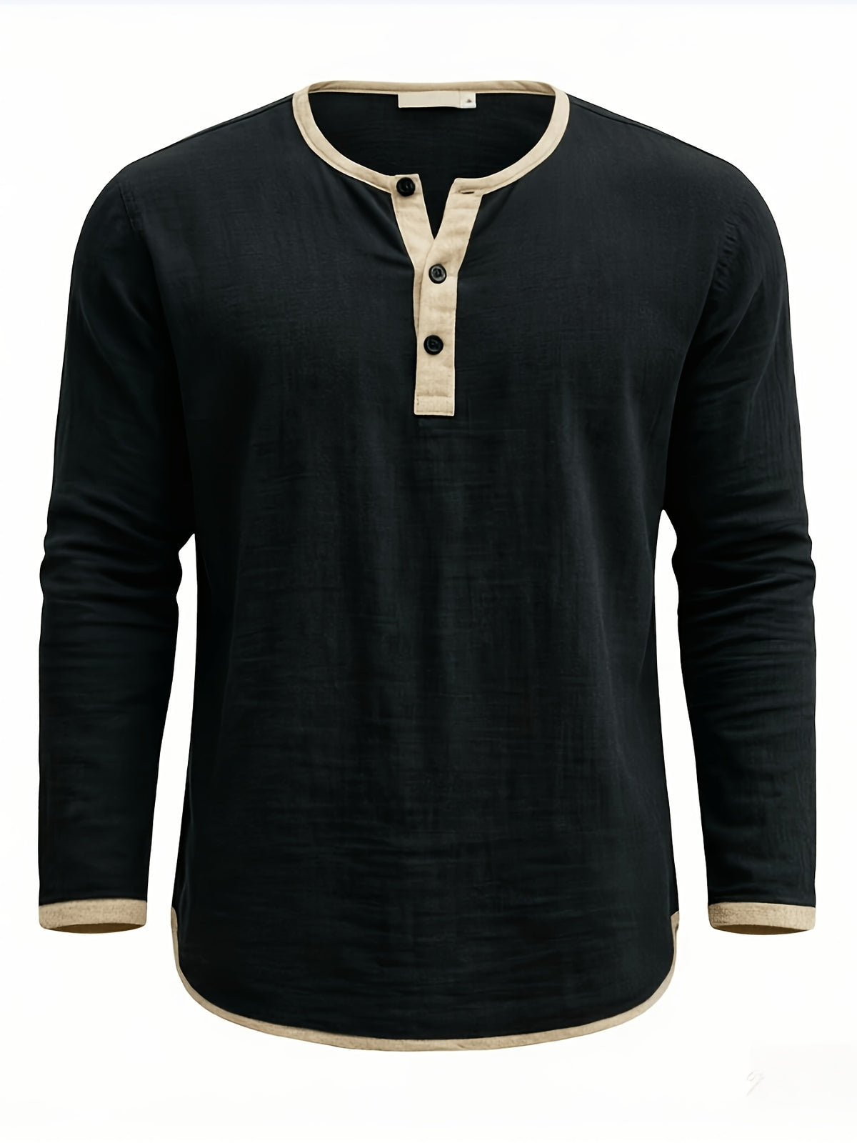 Men'S Retro Color Block Casual Henley Crewneck T-Shirt in Linen, Vintage T-Shirt for Men - Black