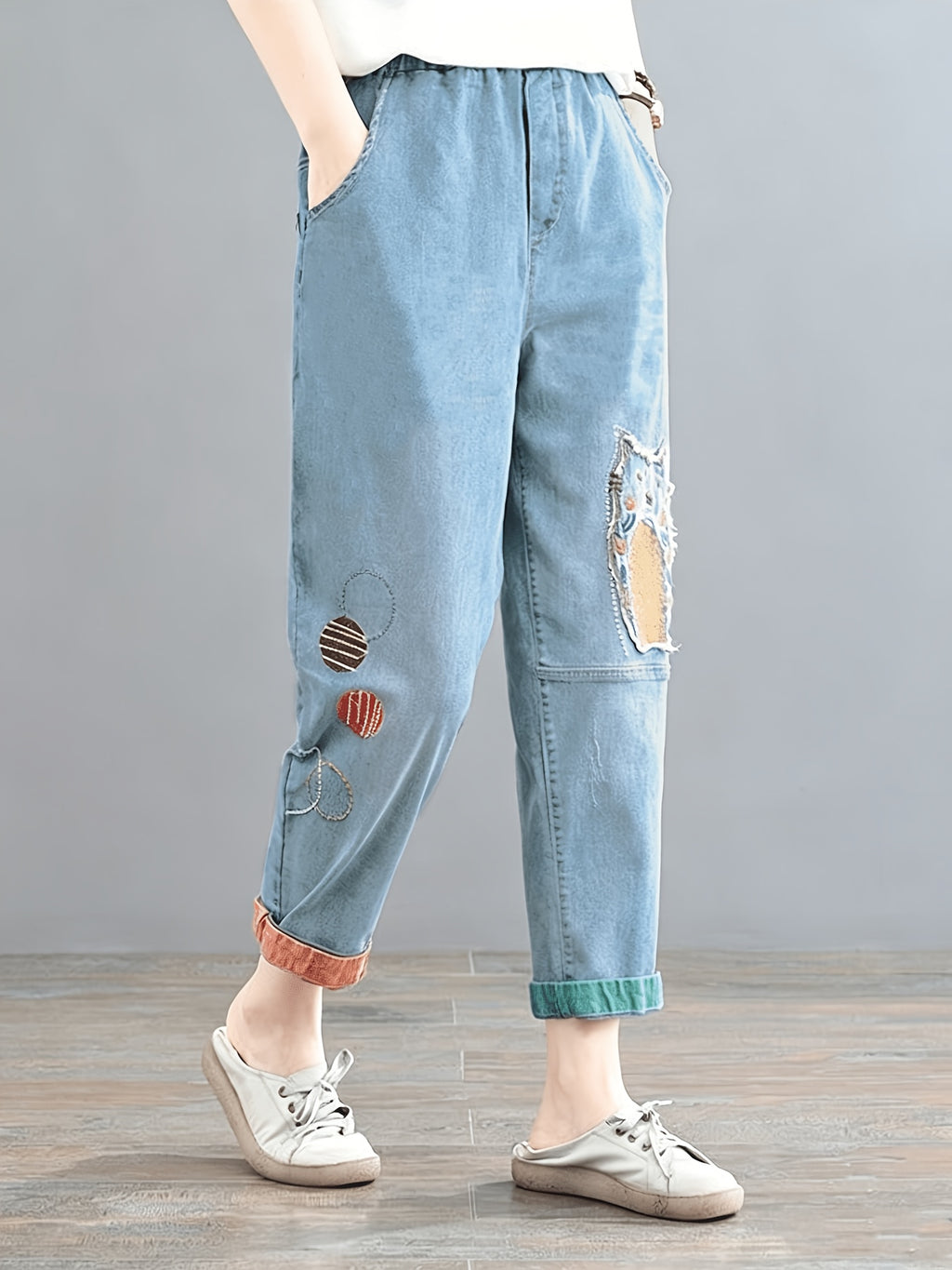 Korean Version Embroidered Women'S Jeans, New Spring And Autumn Distressed Nine-Point Pants, Cartoon Patch Fashionable Color-Blocking Harem Pants Trend - Blue (nine-pants)
