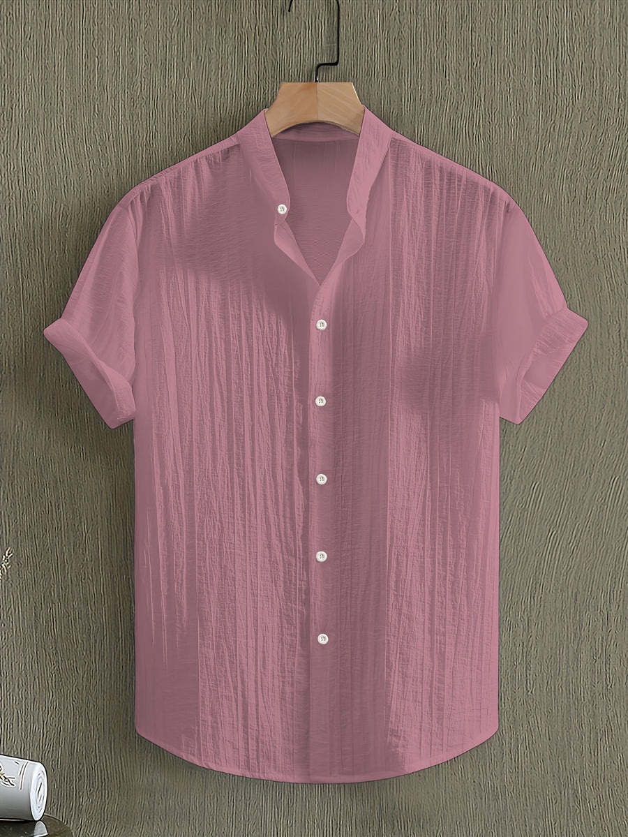 Pearson OBM Men's Summer Solid Color Semi-Transparent Short Sleeve Casual Stand Collar Shirt, Button-Up Fashion Versatile Shirt for Beach Vacation Pool Party - Bean Paste Pink