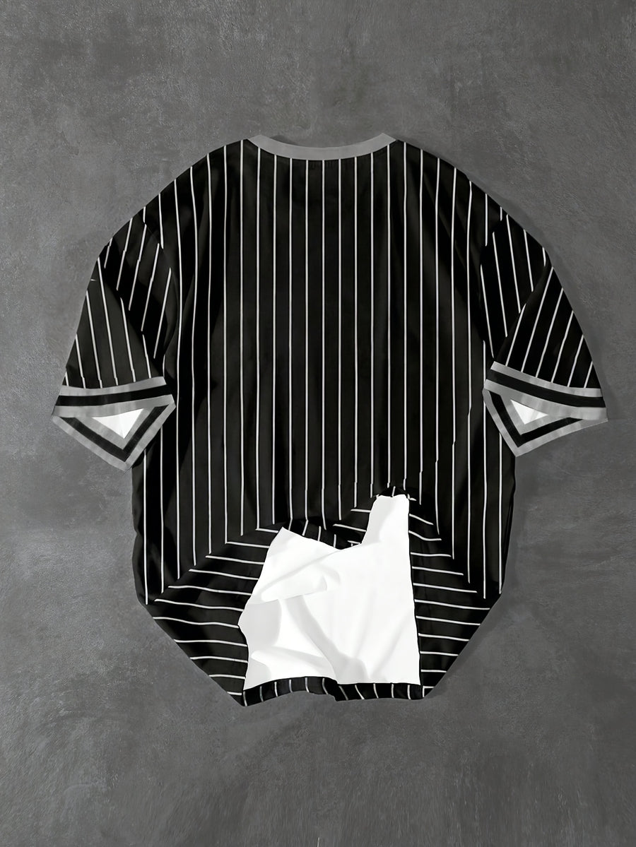 Men'S Fashion Print Round Neck T-Shirt, Striped Design Short Sleeve, Regular Fit Casual Top, Breathable Summer Wear, Machine Washable Shirt, Ideal for Young Adults - Mixed Color 1