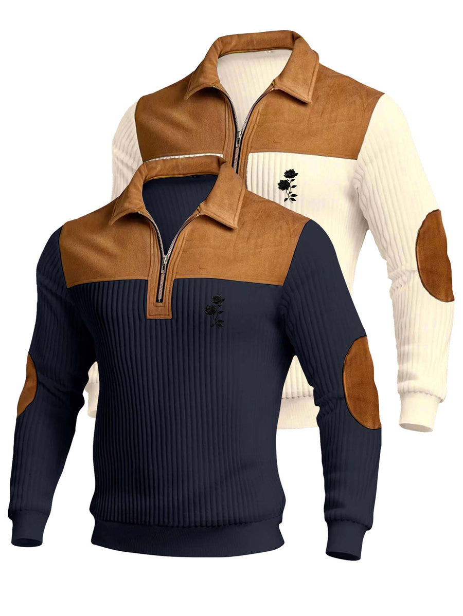 Christmas Men's Gift 2pcs Set: Men's Casual High-Turning-Head Ribbed Half-Zip Stand Collar Pullover - Color-Block Long Sleeve Pullover with Contrasting Color Design, Versatile for Daily Wear, Casual and Sporty Layering Style, Multiple Pieces - Apricot+Navy Blue