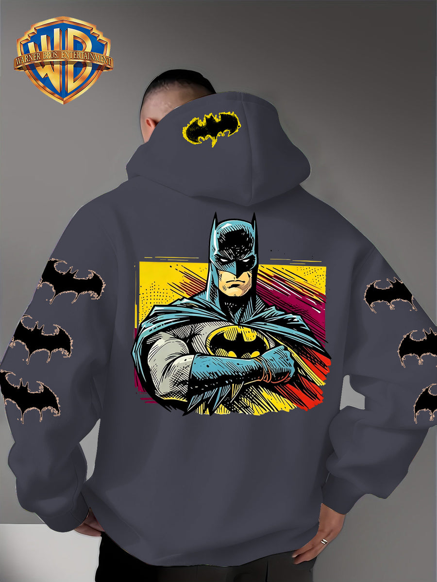 Men'S Hooded Sweatshirt, Batman Classic Image Print, Large Heroic Pattern on Back, Multiple Bat Logos on Sleeves, Exclusive Bat Emblem on Back of Hood, Trendy Street Style Design, Rich Details with Strong Visual Impact - Dark Gray