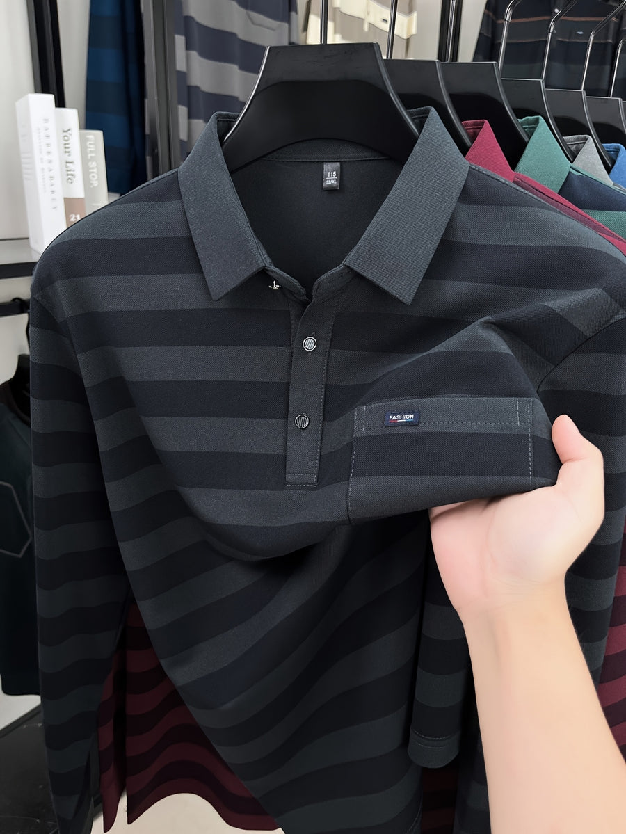 Minimalist Urban Striped Long-Sleeve Polo Shirt for Portable Daily Commuting - Ash