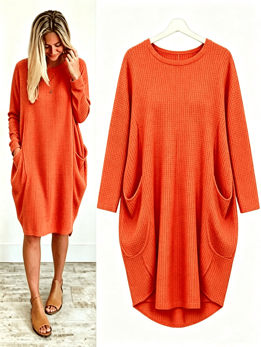 Plus Size - Beautiful Women'S Plus Size Round Neck Loose Long Sleeve Solid Waffle Dress with Pockets - Orange