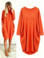 Plus Size - Beautiful Women'S Plus Size Round Neck Loose Long Sleeve Solid Waffle Dress with Pockets - Orange