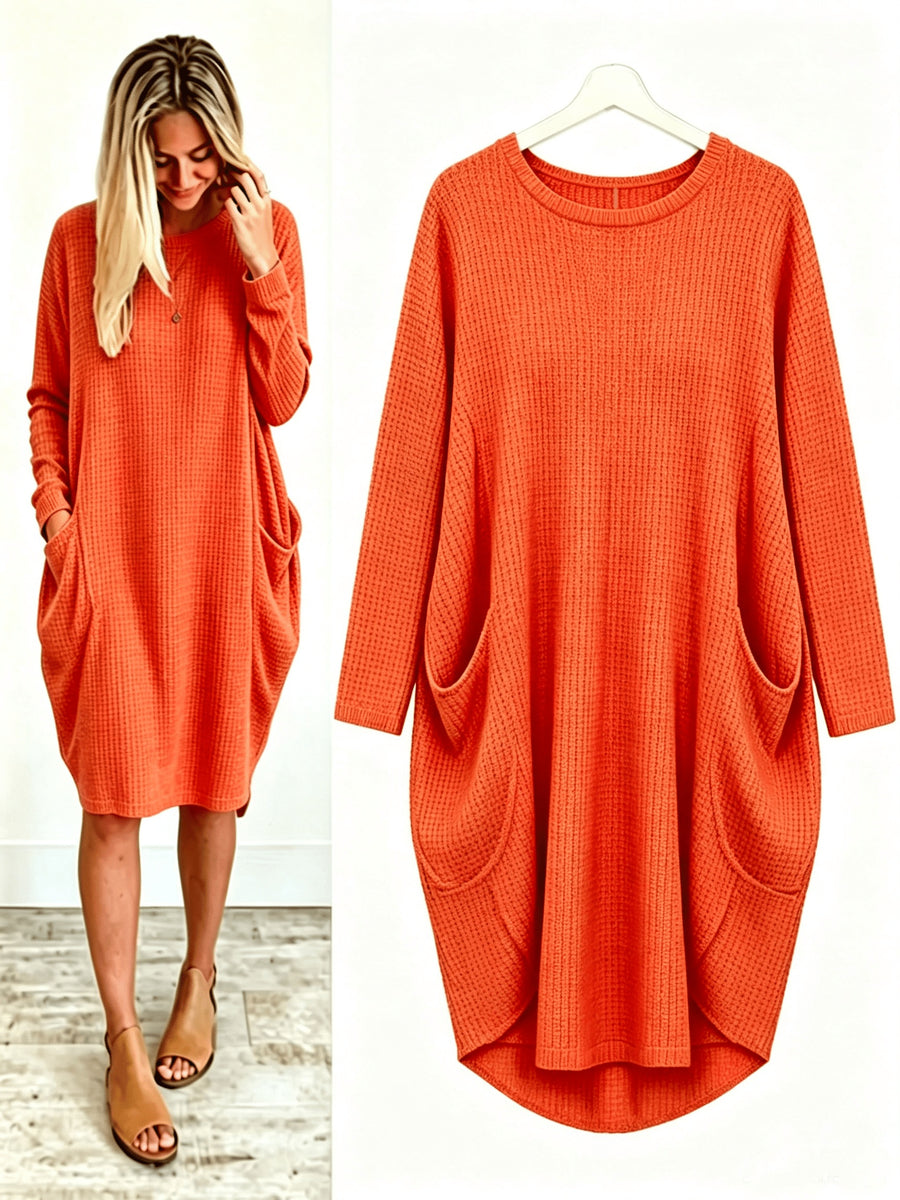 Plus Size - Beautiful Women'S Plus Size Round Neck Loose Long Sleeve Solid Waffle Dress with Pockets - Orange