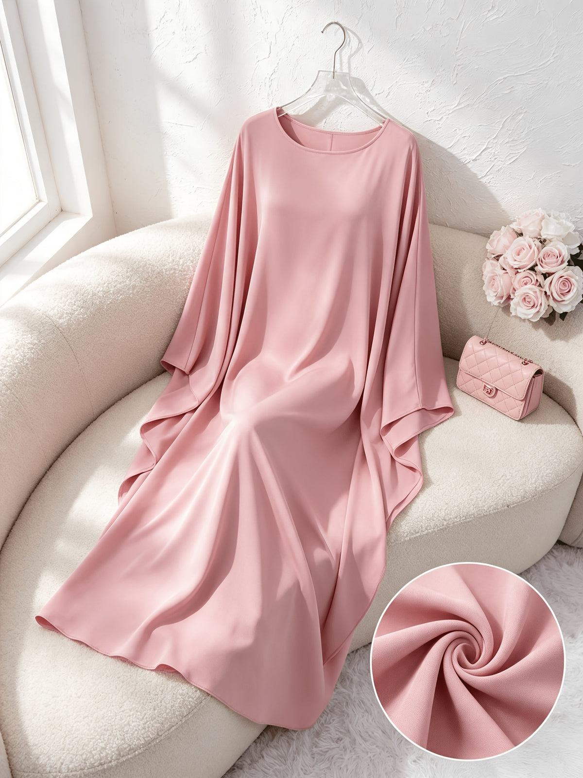 1pc Fashion Satin Color Shirt Elegant Vacation Comfortable Loose Long Sleeve Solid Color Easy Breathable Casual Women'S Abaya Dress. Abayas for Women Muslim Khimar Bayan Dresses Jibba Tunisian Women'S Jilbab Muslim Women - Pink Color