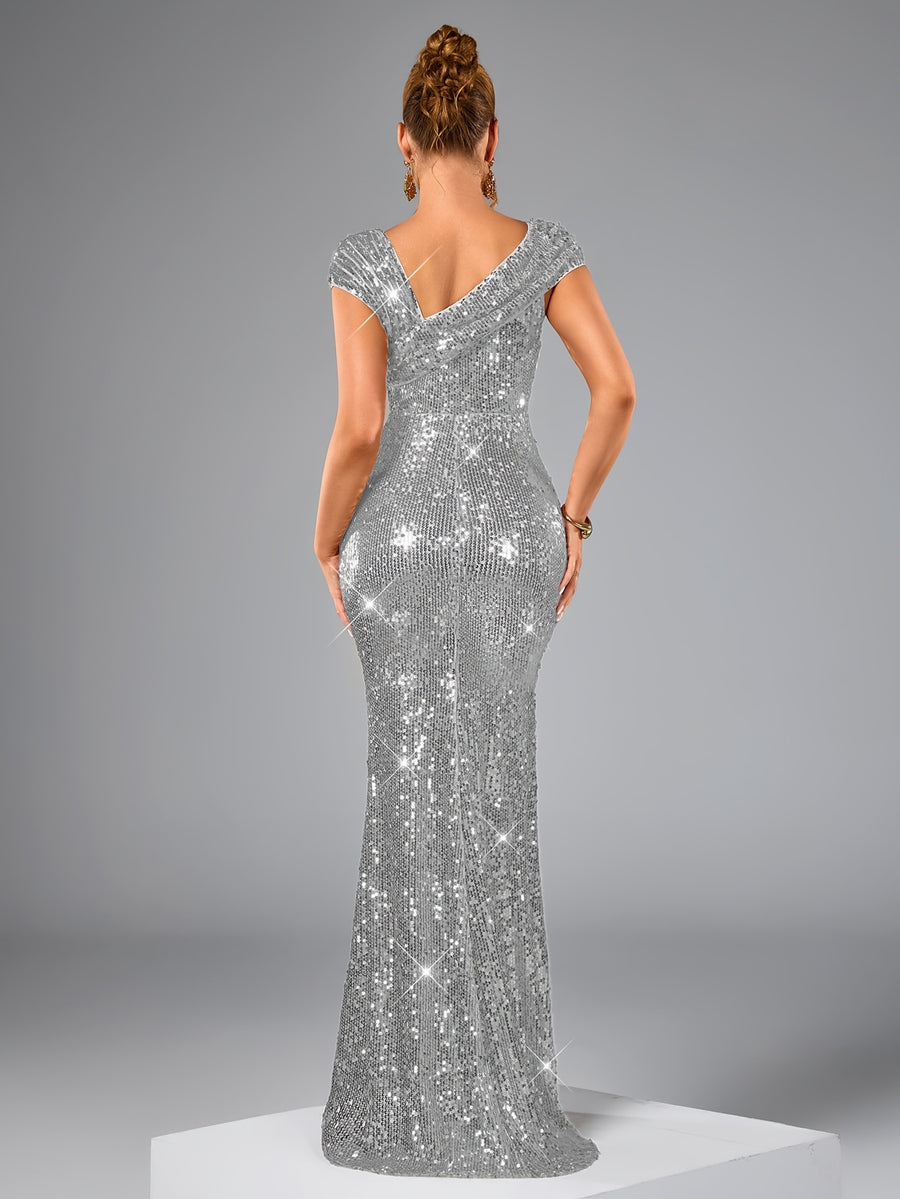 Women's Elegant Sequin Long Evening Gown - High-Waisted Mermaid Backless Formal Dress with Asymmetric One-Shoulder Neckline, Long Sleeve Sparkling Party Wedding Guest Gala Concert Dress, Mermaid Dress - Silvery
