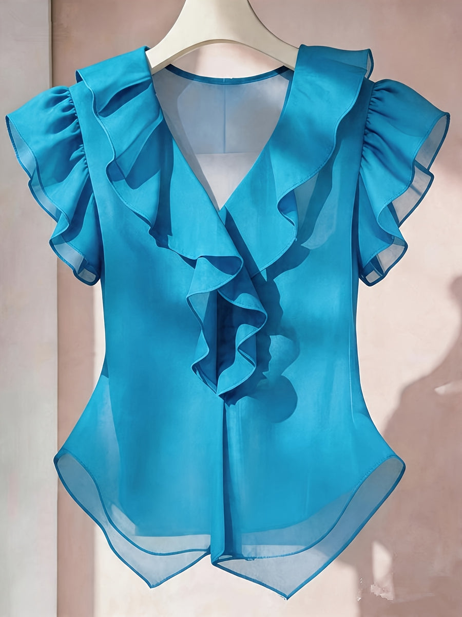 Summer French Solid Ruffled Fly Short Sleeve Shirt Chiffon Top Women'S - Deep Sky Blue