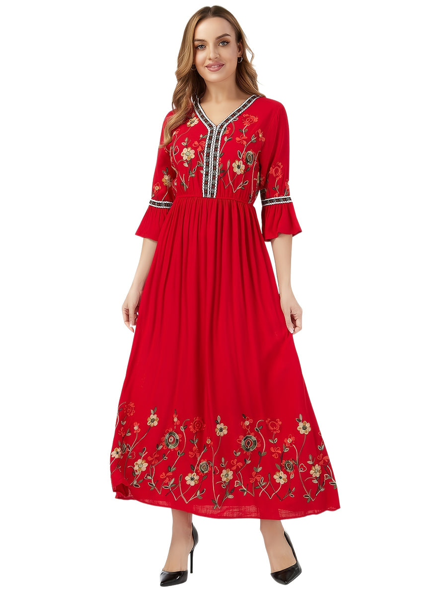 Bohemian Style Women'S Floral Embroidered Maxi Dress - V-Neck, 3/4 Sleeve, Elastic High Waist, Slight Flare Skirt, Ideal for Wedding Guests, Vacation, And Casual Wear - Red