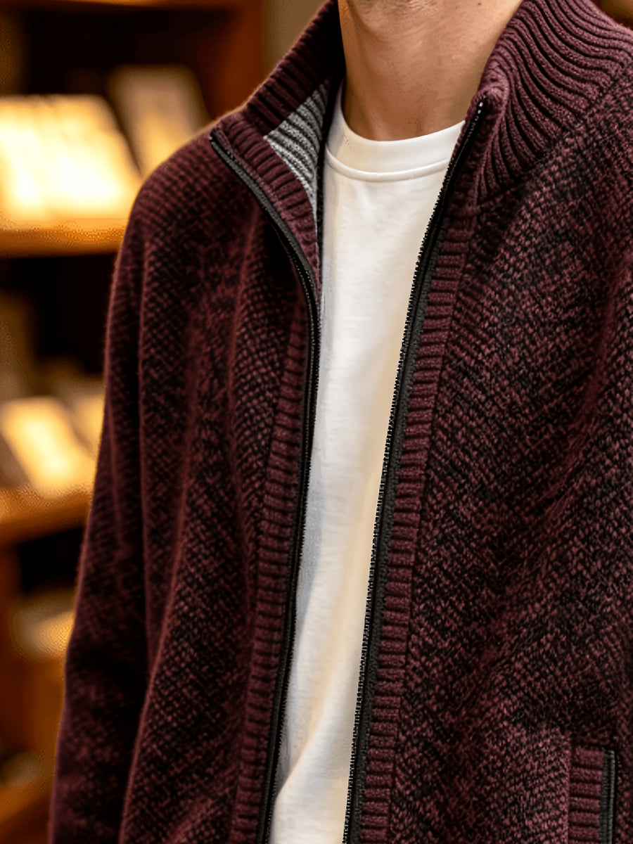 A Single Men's Thick Knitted Sweater Jacket, Made of Soft and Plush Fabric to Keep Warm and Comfortable, Easy to Match for Daily Commuting and Leisure. (Includes Only One Jacket) - Burgundy