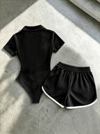 Casual and Elegant Women's Clothing, New Summer Outfit, Solid Color V-neck Short-sleeve Bodysuit & Drawstring Fitted Shorts with Embroidery and Contrasting Color Trim, 2pcs Women's Pants Set, Suitable for Home, Leisure, Outings, Afternoon Tea - Black