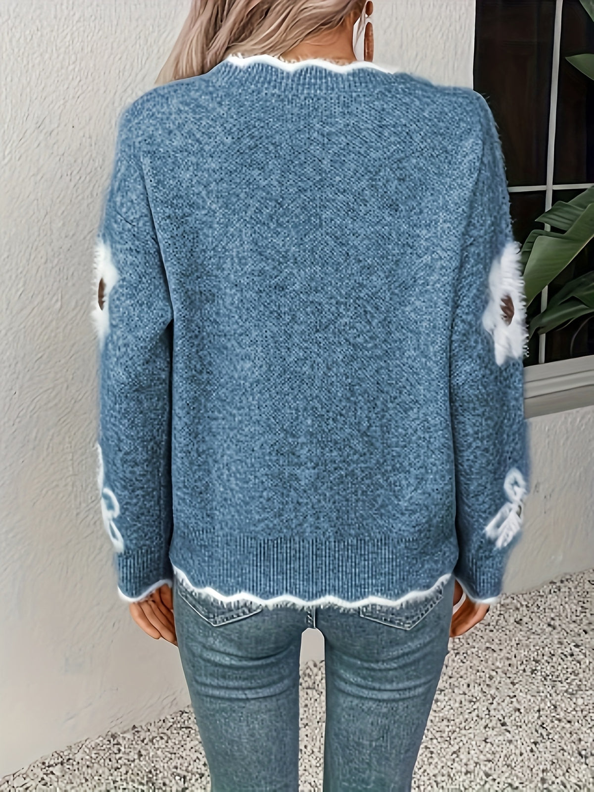 Women'S Floral Sweater, Elegant Directional - Peacock Blue