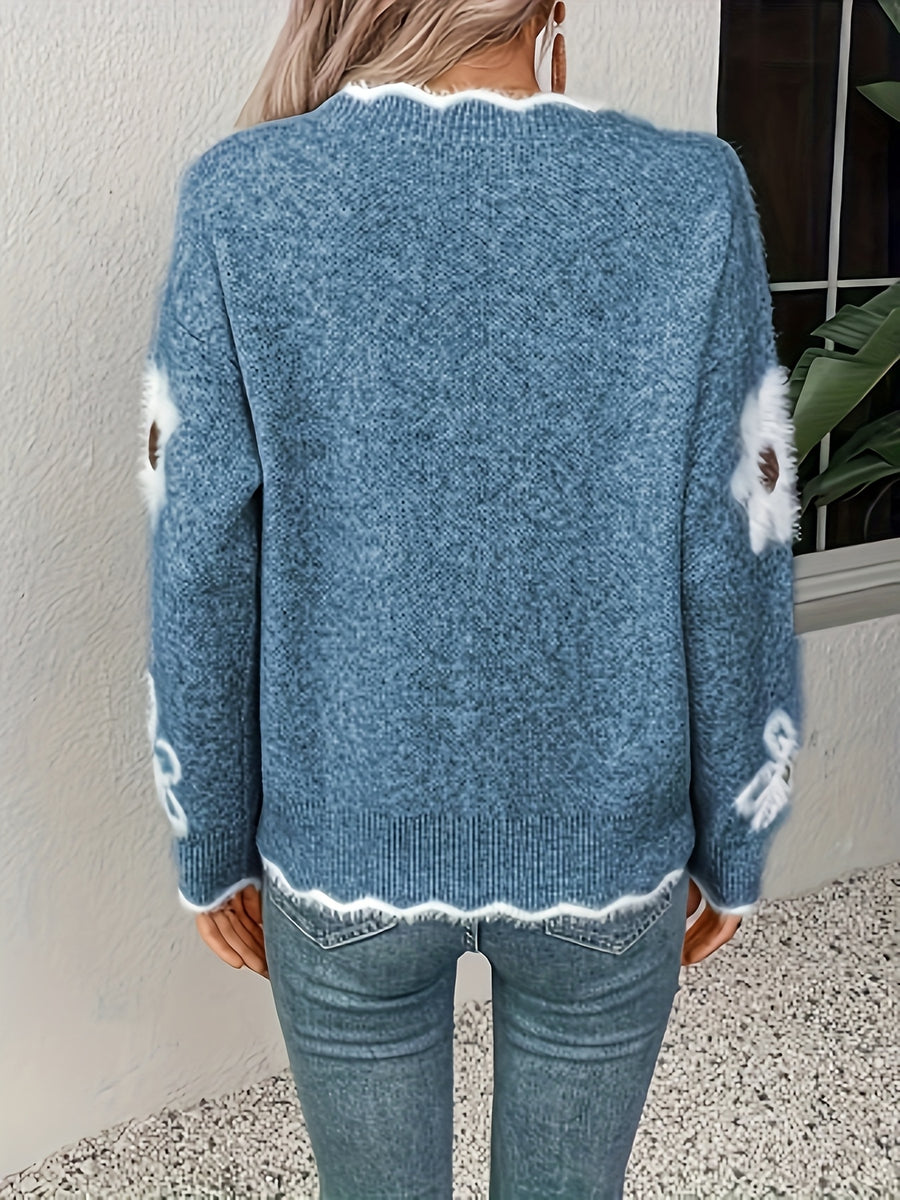 Women'S Floral Sweater, Elegant Directional - Peacock Blue