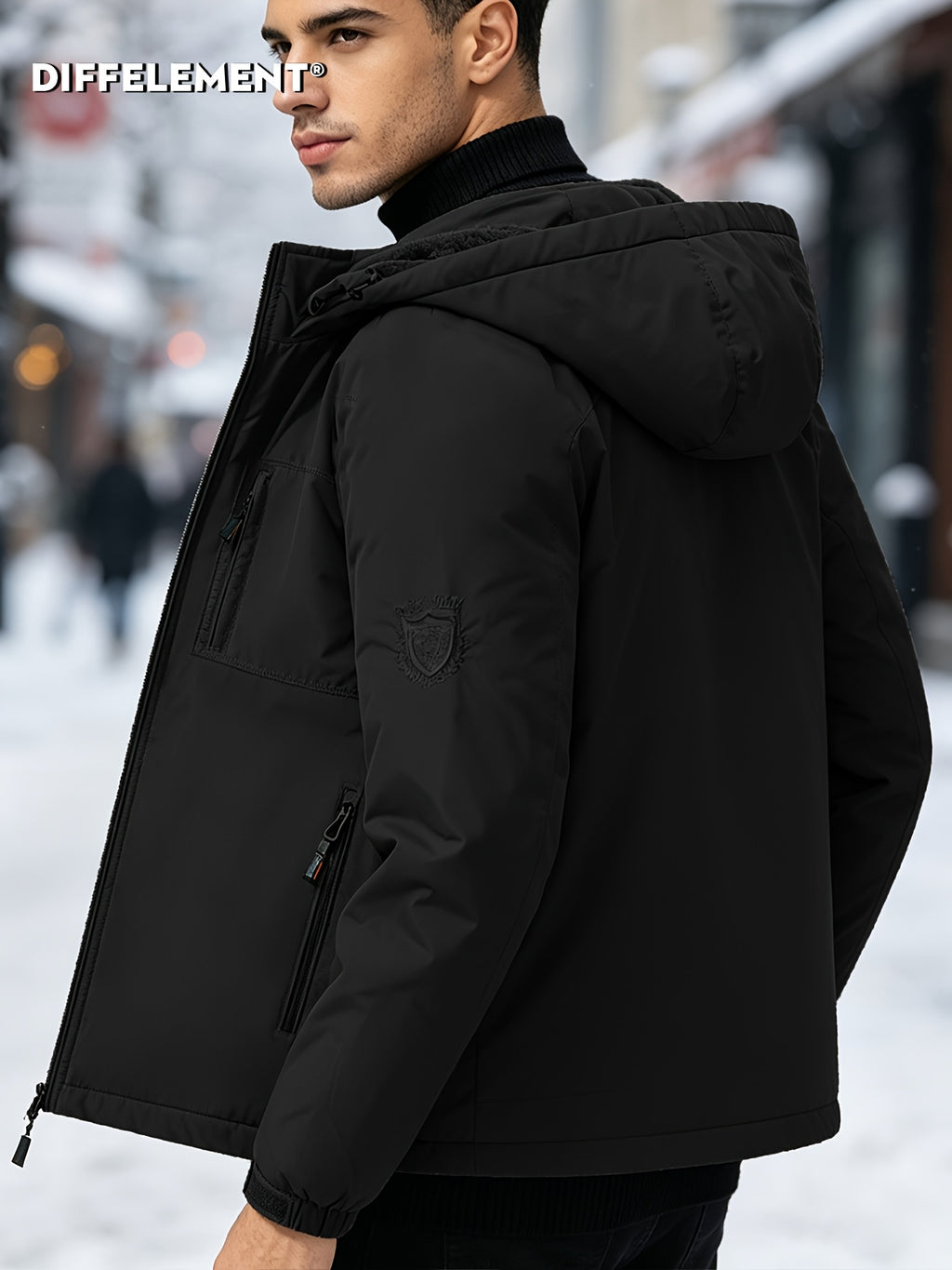 Men'S Fleece-Lined Hooded Winter Jacket, Thermal Warm Windproof Cold-Resistant Coat, Regular Fit Adjustable Hood Outerwear for Snow Skiing, Hiking, Daily Winter Commute with Multi-Zipper Pockets, Adjustable Cuffs & Embroidered Badge Logo - Black