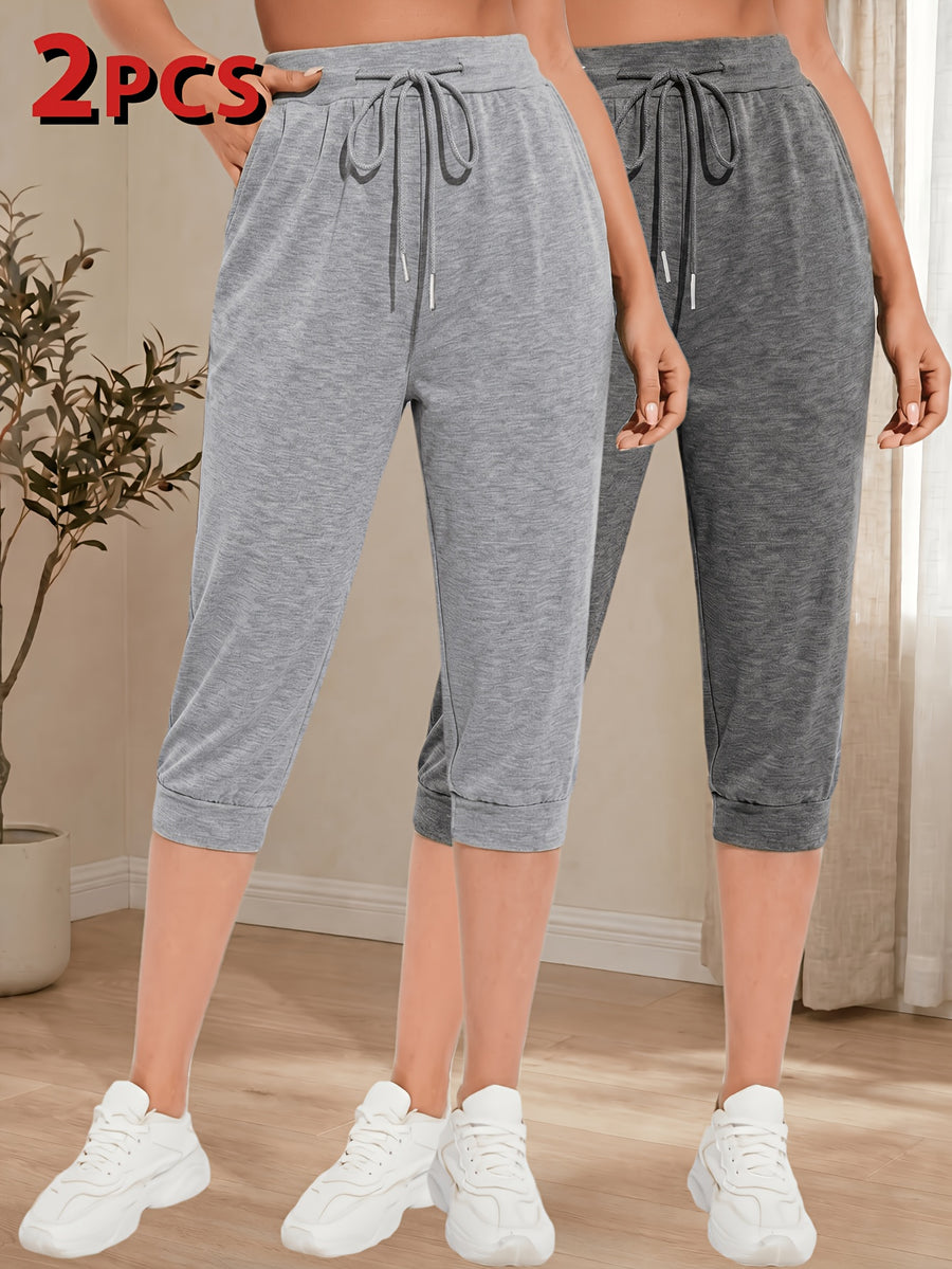 Women's Two-Pack Cropped Solid Color Jogger Sweatpants, High-Waisted Loose Fit with Drawstring Cuffs and Pockets, Casual Trousers - Light Gray + Dark Gray