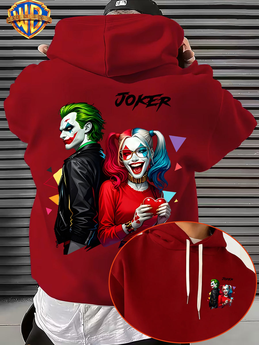 Warner Bros. American Comic-style Joker and Harley Quinn Back-to-back Design, JOKER Title Character with Heart Graphic and Colorful Triangle Accents, Trendy and Cool Printed Men's Fashion Hooded Sweatshirt, Sleeve Print Design, Kangaroo Pocket - Red