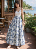 Women's Blue & White Porcelain Print Smock Dress - Multi-Layer Midi Dress with Pleated, Machine Washable Suitable for Weddings, Brunch & Casual Outfits, Non-Stretch Layered Dress - Multicolor