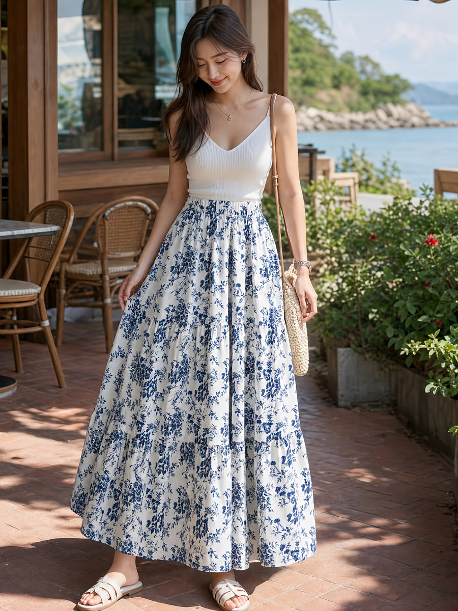 Women's Blue & White Porcelain Print Smock Dress - Multi-Layer Midi Dress with Pleated, Machine Washable Suitable for Weddings, Brunch & Casual Outfits, Non-Stretch Layered Dress - Multicolor