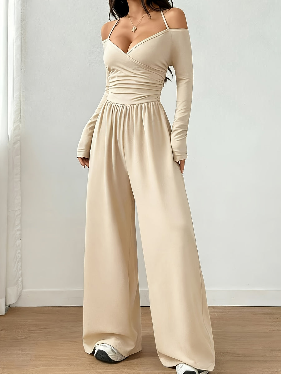 Women's Casual Solid Color Long Sleeve Halter Neck Off-Shoulder Wide Leg Jumpsuit - Apricot