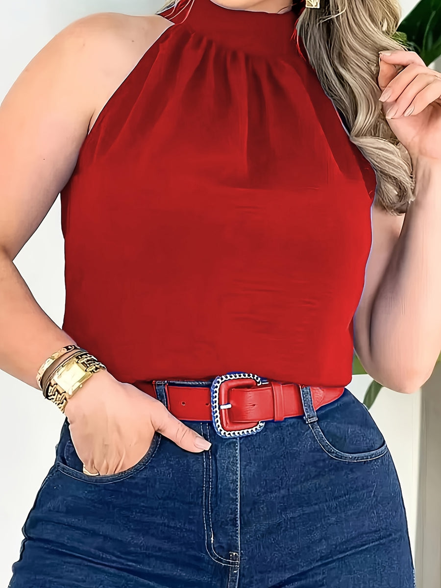 Solid Color Sleeveless Halter Neck Fashion Top - Red