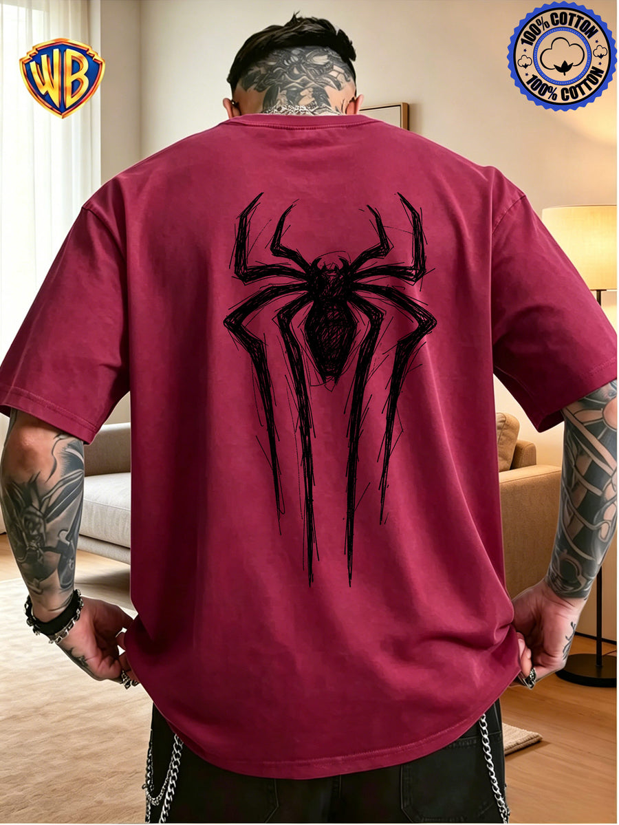 Unisex T-shirt Featuring a Niche Dark Aesthetic with Hand-painted Front and Back Dual-position Combination Prints, Creating a Low-key, Cool, Eye-catching, and Trendy Campus Style - Burgundy
