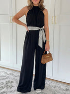 Women'S Spring Summer Black Satin Halter Neck Sleeveless Wide-Leg Jumpsuit with Polka Dot Belt, Light Mature Style Elegant Commuter Trousers - Black