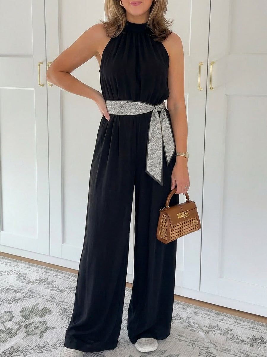 Women'S Spring Summer Black Satin Halter Neck Sleeveless Wide-Leg Jumpsuit with Polka Dot Belt, Light Mature Style Elegant Commuter Trousers - Black