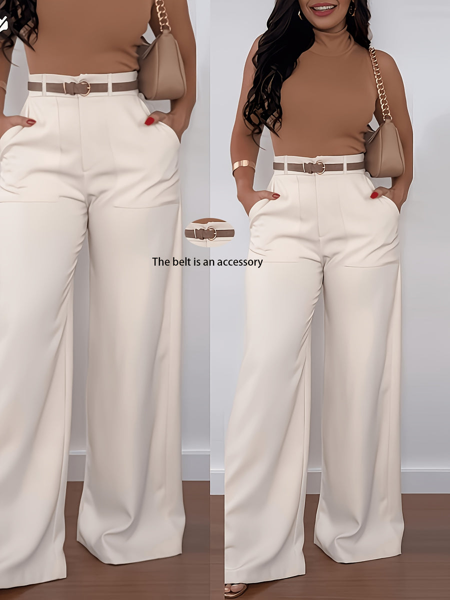Women'S Trousers, Solid Color High Waist Wide Leg Casual Elegant Trousers (No Belt) + [Ta Lan] - Milky