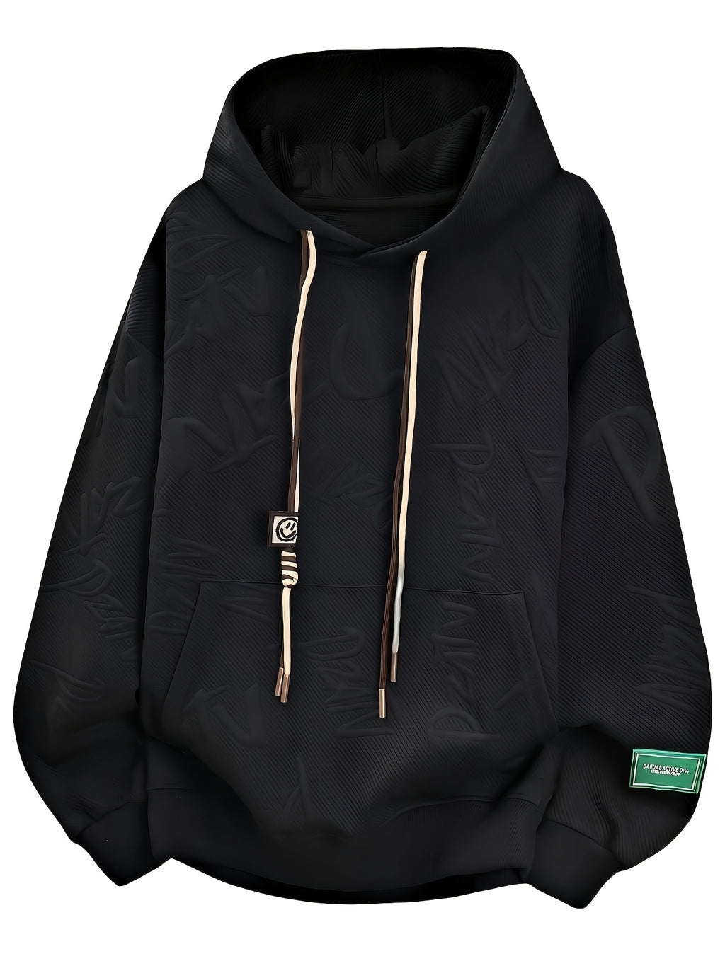 Men'S Jacquard 3D Letter Hooded Sweatshirt Solid Texture Oversized Drop Shoulder Pullover Casual Street Style Drawstring Kangaroo Pocket Daily Top - Black