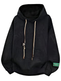 Men'S Jacquard 3D Letter Hooded Sweatshirt Solid Texture Oversized Drop Shoulder Pullover Casual Street Style Drawstring Kangaroo Pocket Daily Top - Black