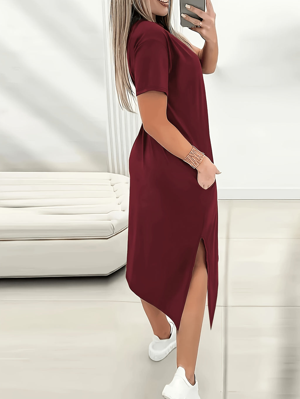 Women'S Letter Print Casual Solid Color Round Neck Short Sleeve Side Slit Dress - Burgundy